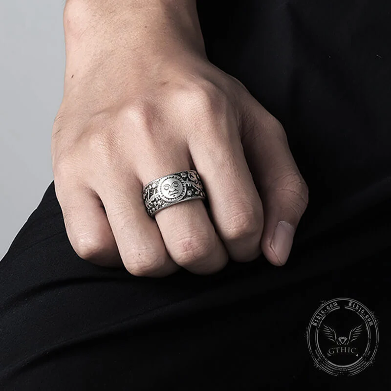 Sun Moon and Stars Stainless Steel Band Ring