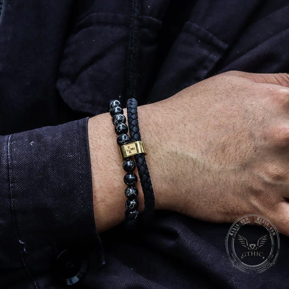 Double Layer Cross Turquoise Stainless Steel Bracelet