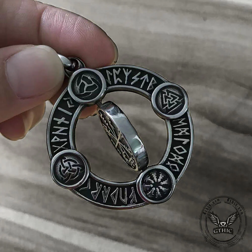 Viking Symbols Runes Vegvisir Stainless Steel Rotatable Pendant