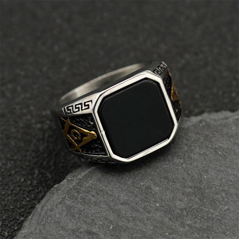 Vintage Frosted Lapis Lazuli Masonic Stainless Steel Ring