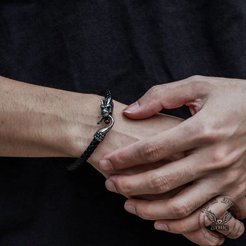 Dragon Clasp Stainless Steel Leather Bracelet