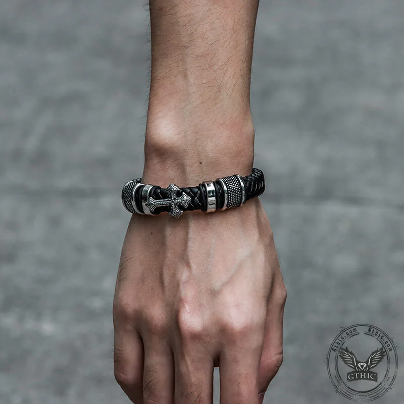 Budded Cross Stainless Steel Braided Leather Bracelet