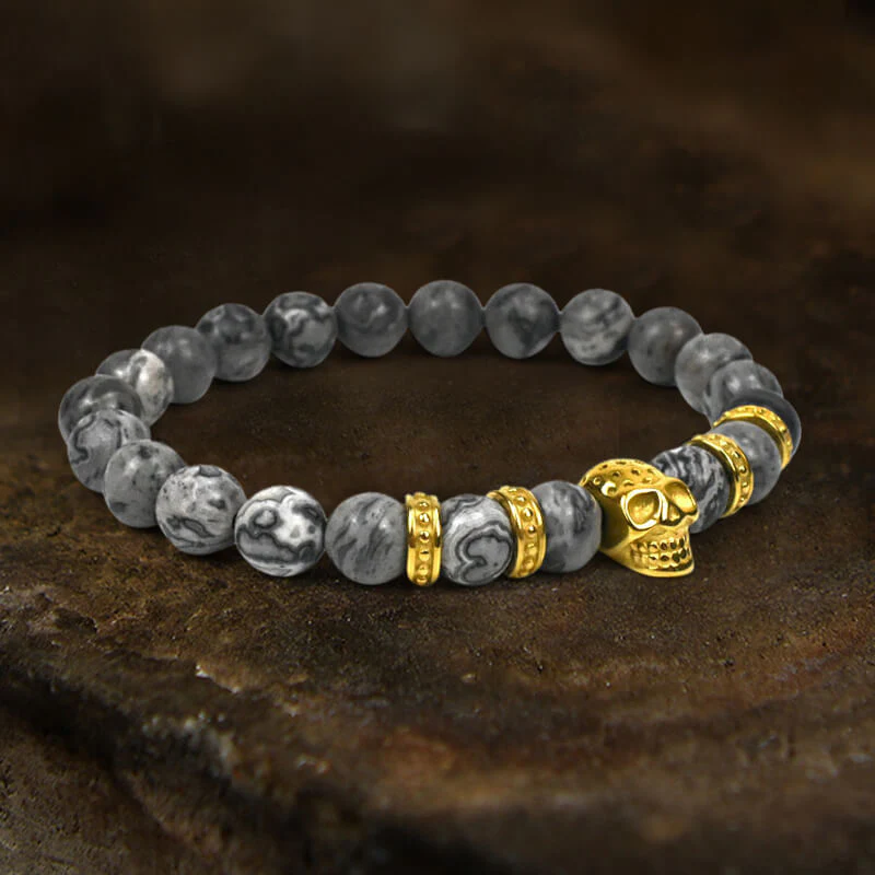 Volcanic Rock Stainless Steel Skull Bracelet