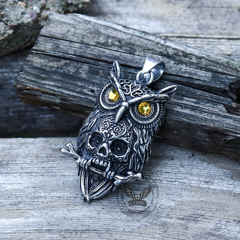 7972-owl-stainless-steel-gemstone-skull-pendant-3.jpg Owl Stainless Steel Gemstone Skull Pendant