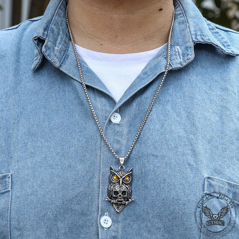 7972-owl-stainless-steel-gemstone-skull-pendant-4.jpg Owl Stainless Steel Gemstone Skull Pendant