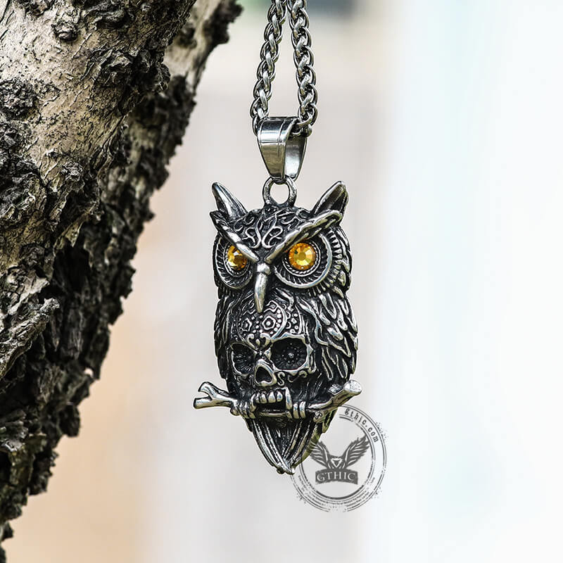 7972-owl-stainless-steel-gemstone-skull-pendant-5.jpg Owl Stainless Steel Gemstone Skull Pendant