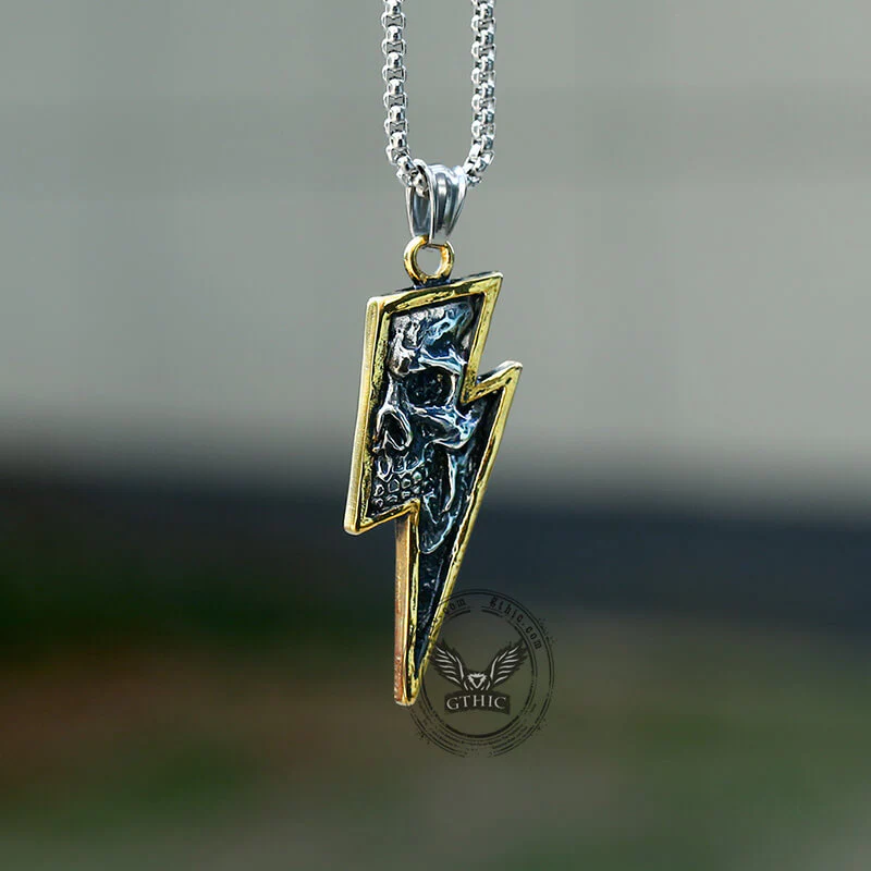 Vintage Lightning Bolt Skull Stainless Steel Pendant