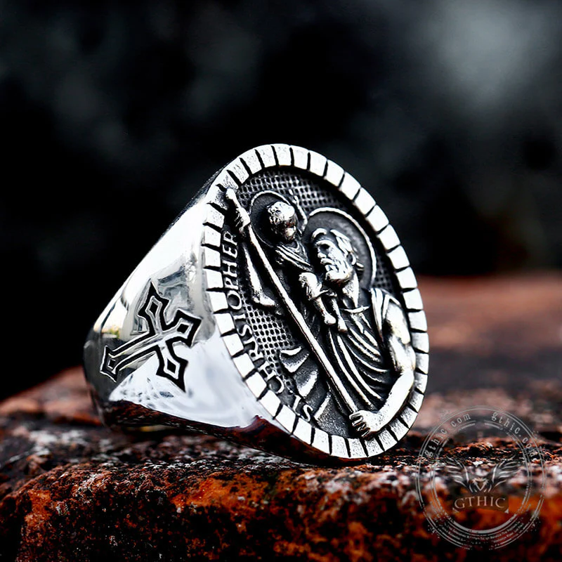 St Christopher Protect Us Stainless Steel Ring
