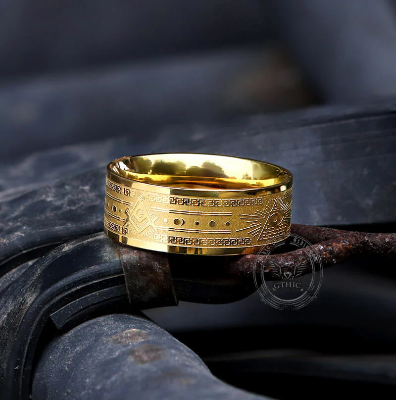 Gold Plated AG Masonic Stainless Steel Band Ring