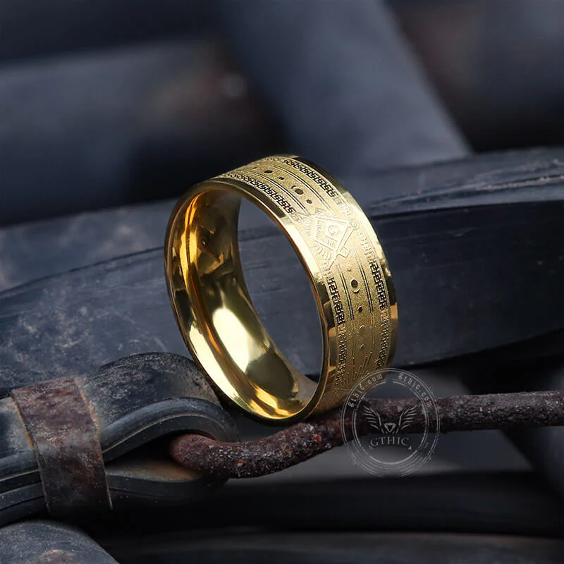 Gold Plated AG Masonic Stainless Steel Band Ring