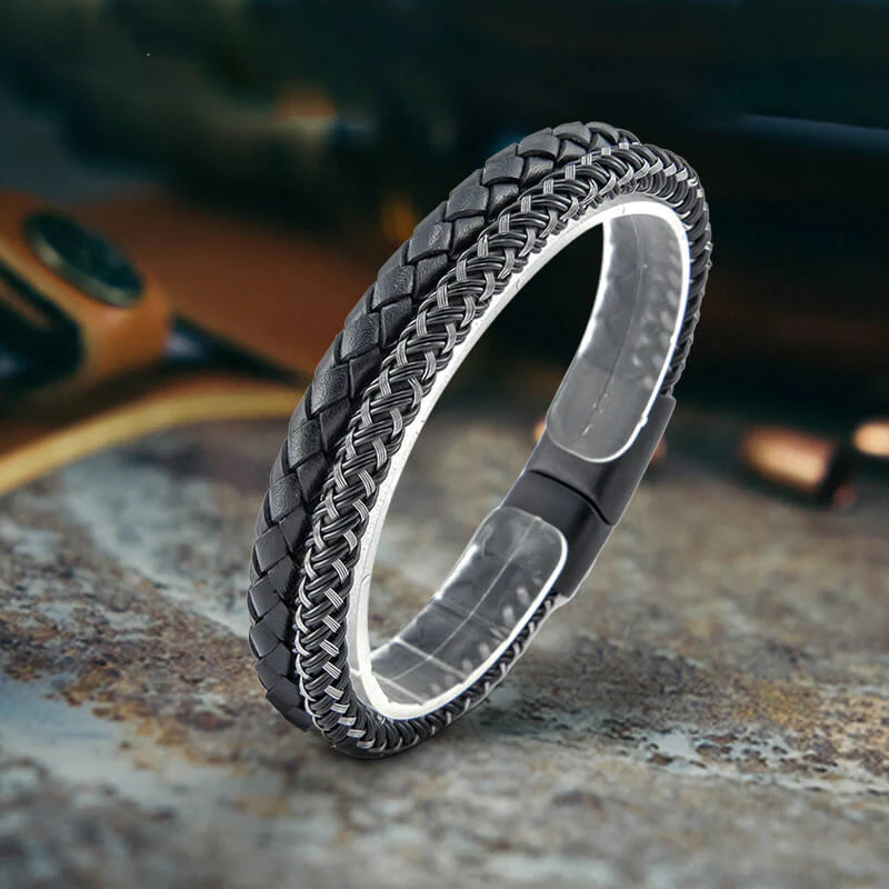 8812-double-braided-leather-stainless-steel-bracelet-1.webp Double Braided Leather Stainless Steel Bracelet