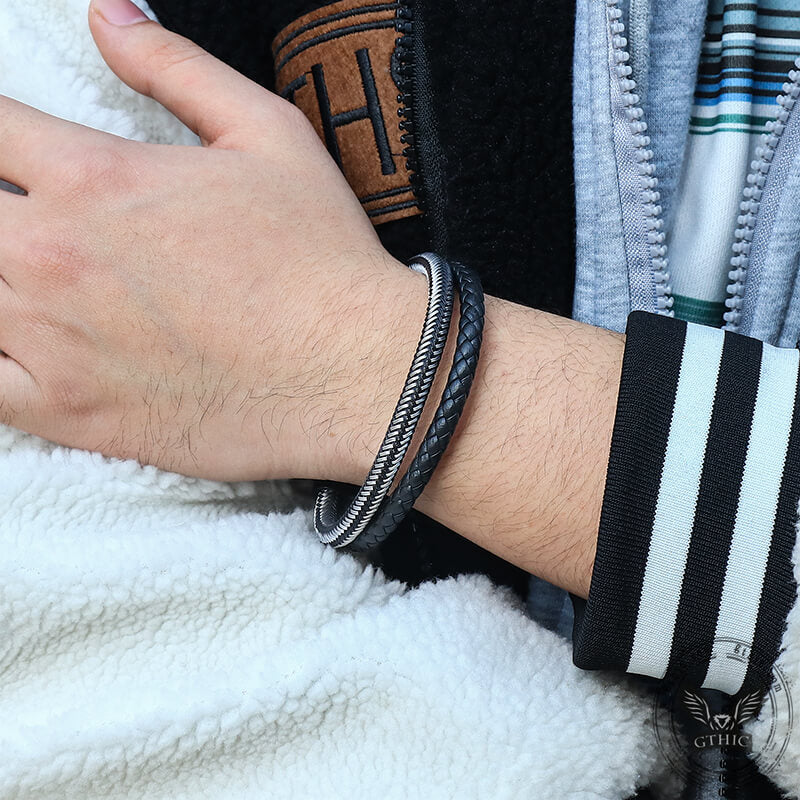 8812-double-braided-leather-stainless-steel-bracelet-2.jpg Double Braided Leather Stainless Steel Bracelet