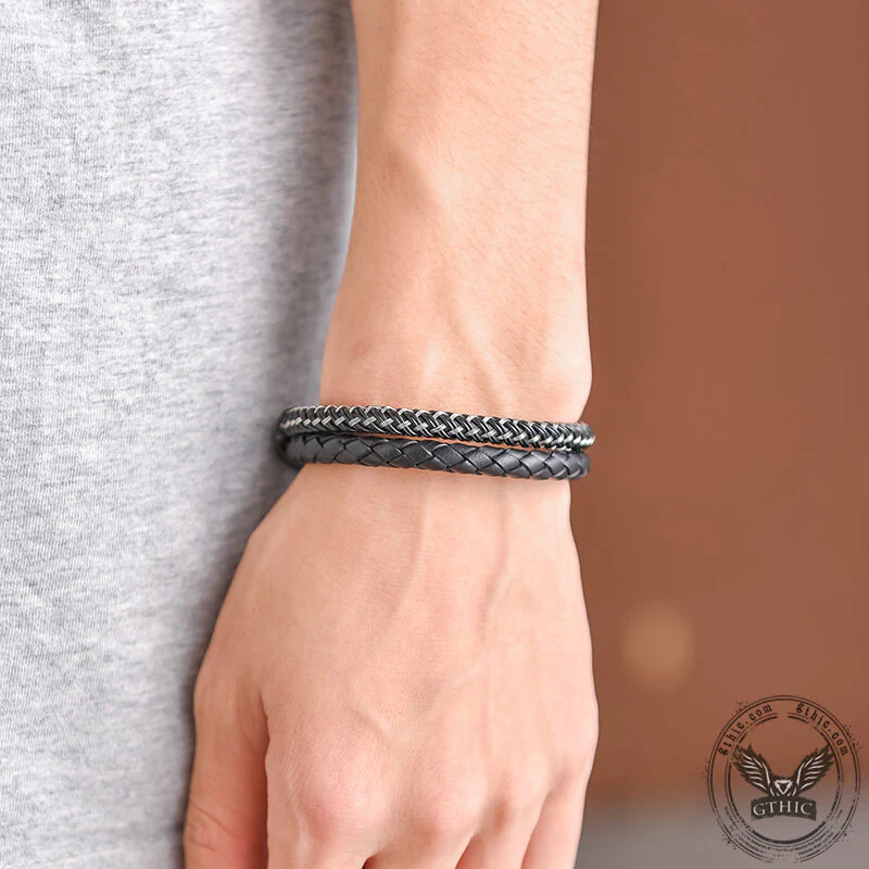 8812-double-braided-leather-stainless-steel-bracelet-3.webp Double Braided Leather Stainless Steel Bracelet