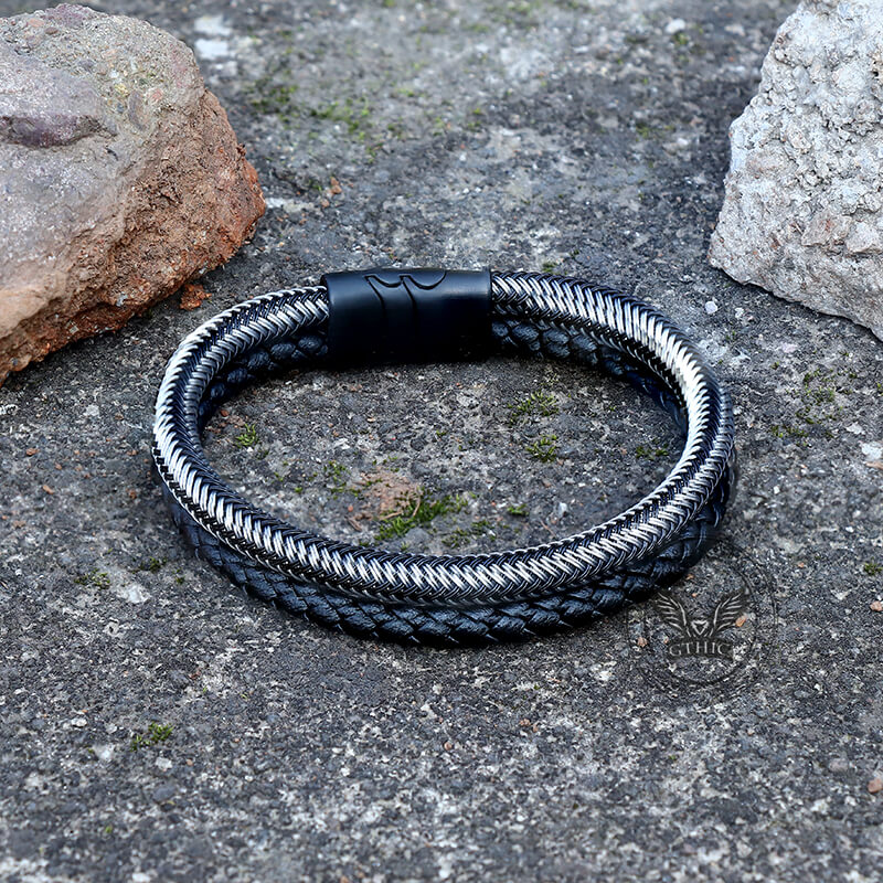 8812-double-braided-leather-stainless-steel-bracelet-4.jpg Double Braided Leather Stainless Steel Bracelet