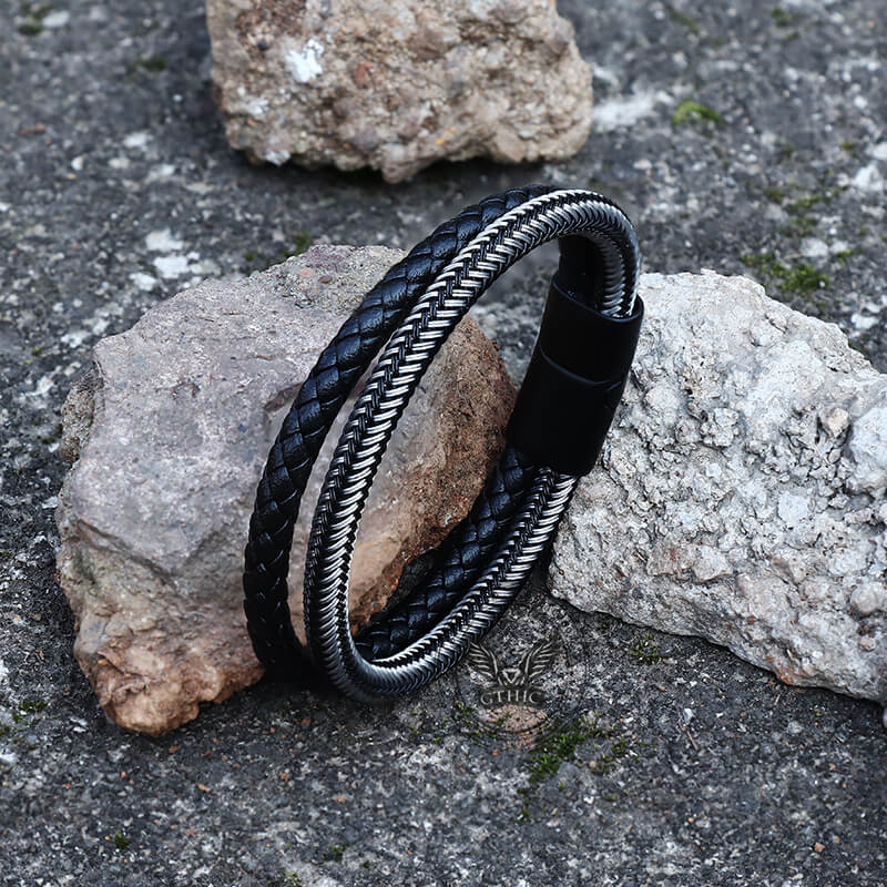 8812-double-braided-leather-stainless-steel-bracelet-5.jpg Double Braided Leather Stainless Steel Bracelet