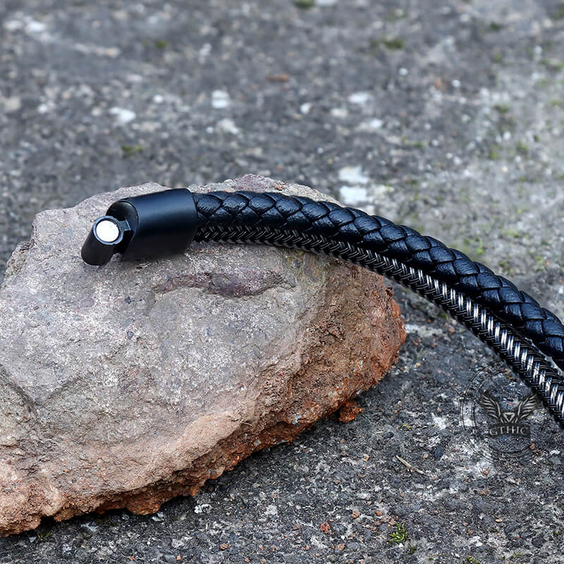 8812-double-braided-leather-stainless-steel-bracelet-7.jpg Double Braided Leather Stainless Steel Bracelet