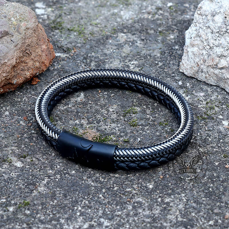 8812-double-braided-leather-stainless-steel-bracelet-8.jpg Double Braided Leather Stainless Steel Bracelet