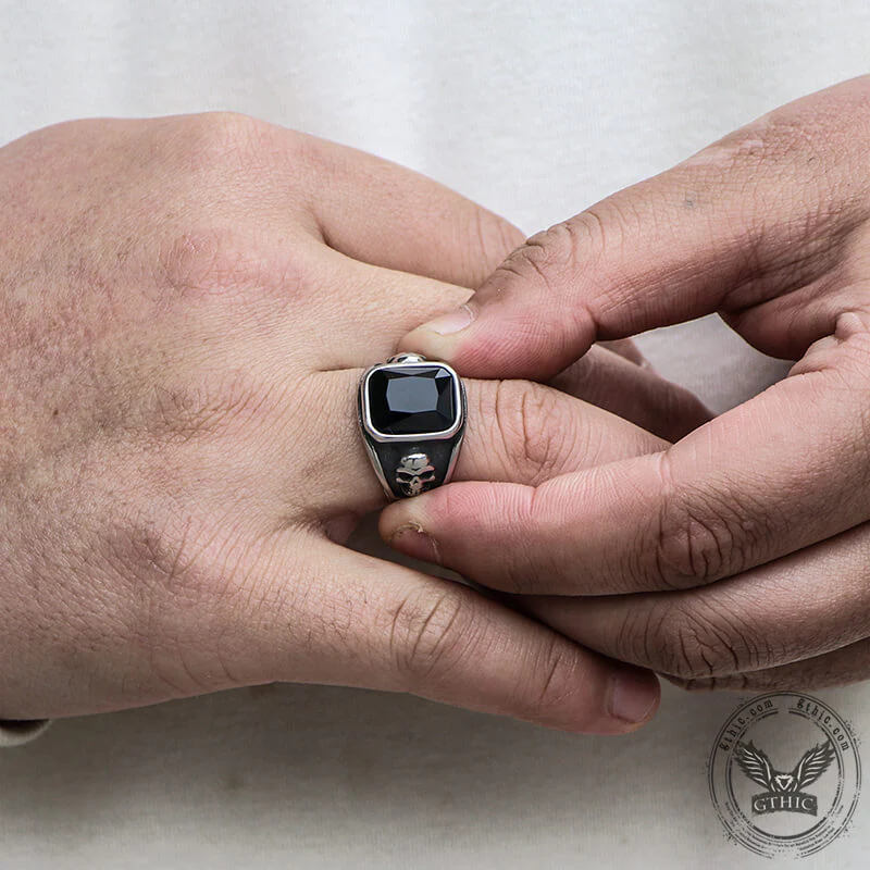 Black Square Gem Stainless Steel Skull Ring
