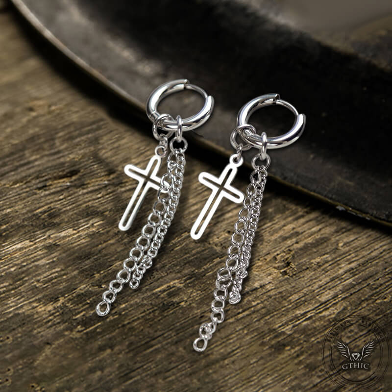 9307-cross-chain-tassel-stainless-steel-hoop-earring-3.jpg Cross Chain Tassel Stainless Steel Hoop Earring