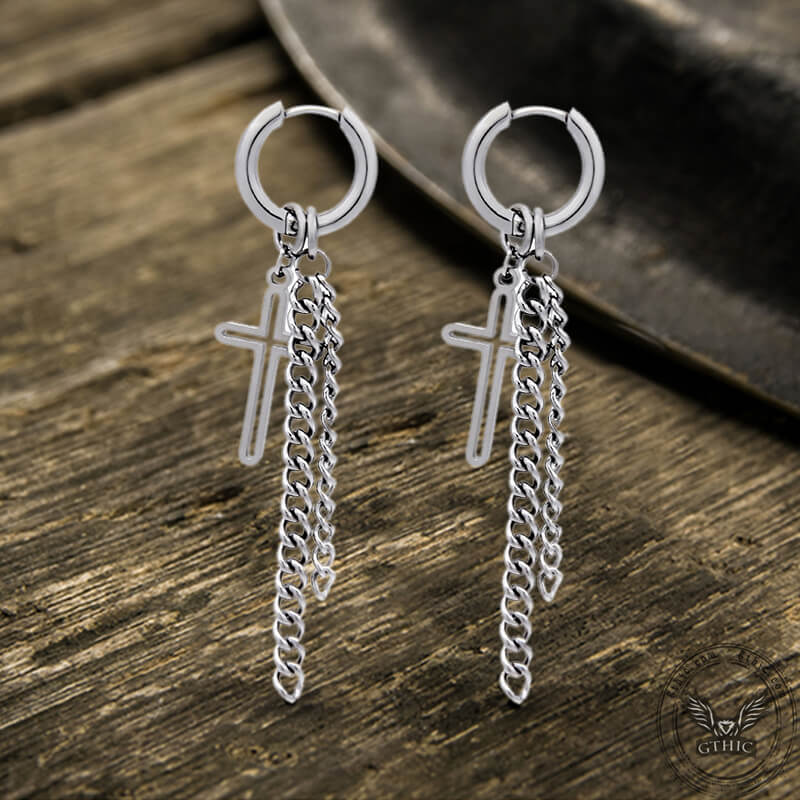 9307-cross-chain-tassel-stainless-steel-hoop-earring-4.jpg Cross Chain Tassel Stainless Steel Hoop Earring