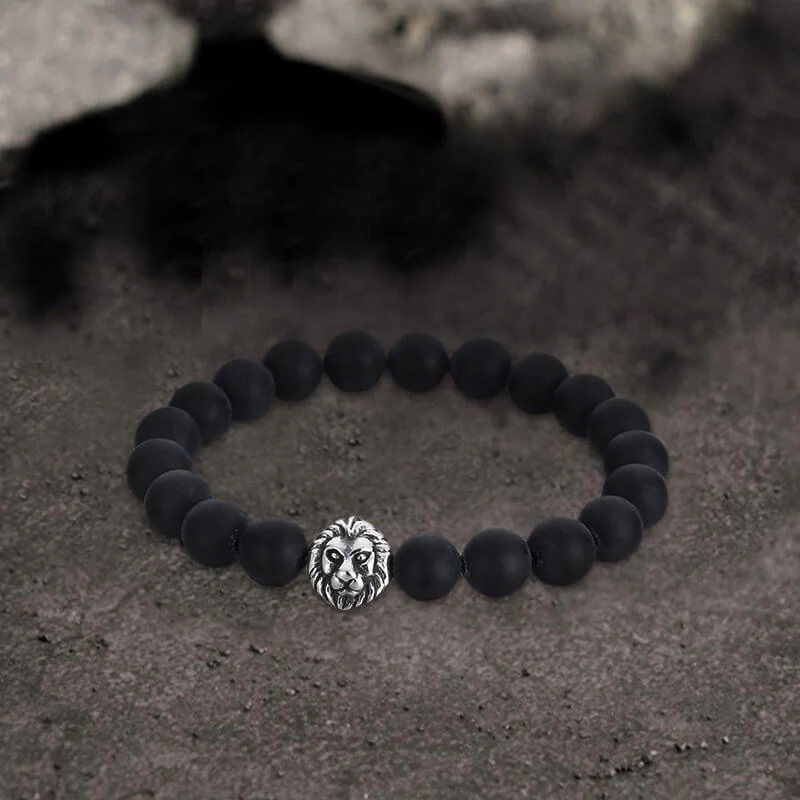 Lion Head Agate Stone Stainless Steel Bead Bracelet