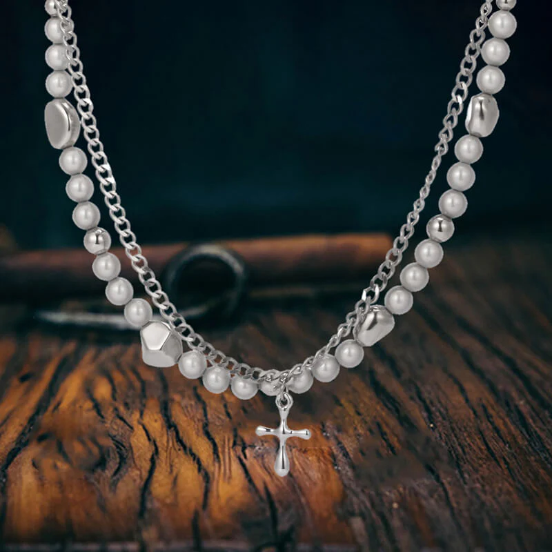 9436-simple-pearl-cross-stainless-steel-double-layer-necklace-1.webp Simple Pearl Cross Stainless Steel Double Layer Necklace