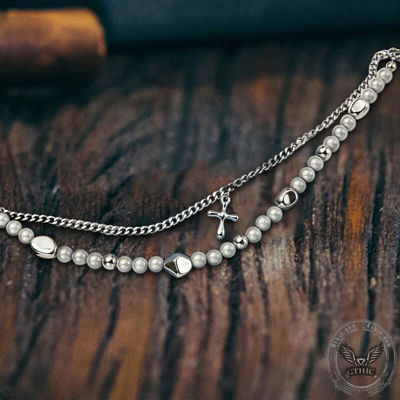 Simple Pearl Cross Stainless Steel Double Layer Necklace