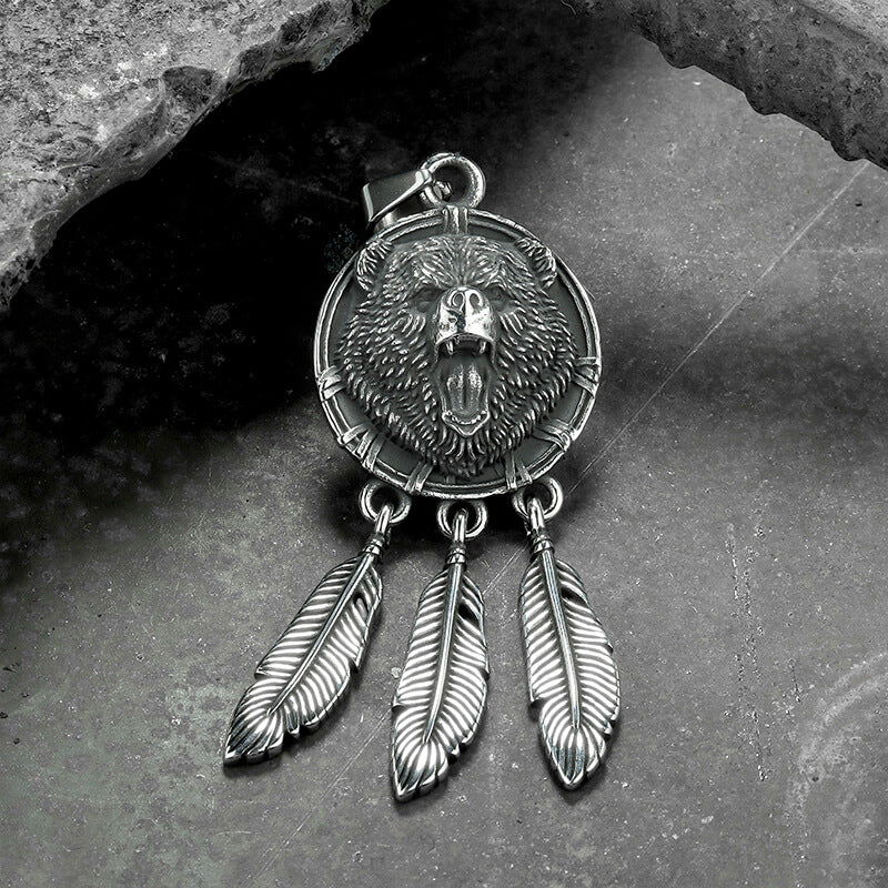 9758-vintage-feather-bear-head-stainless-steel-animal-pendant-1.jpg Vintage Feather Bear Head Stainless Steel Animal Pendant