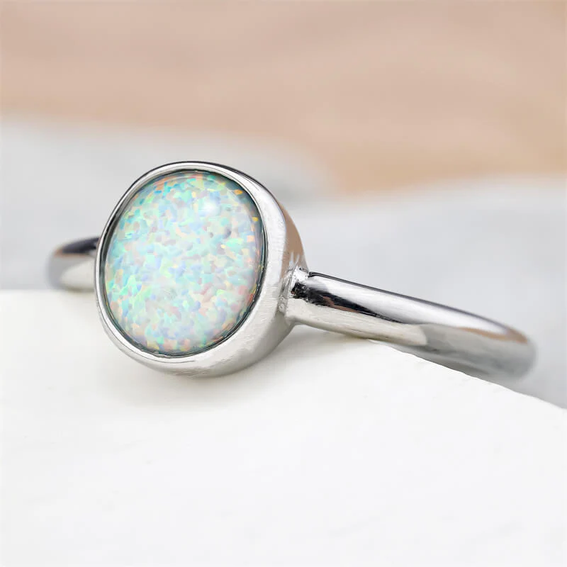 Minimalist Round Opal Stainless Steel Gemstone Ring